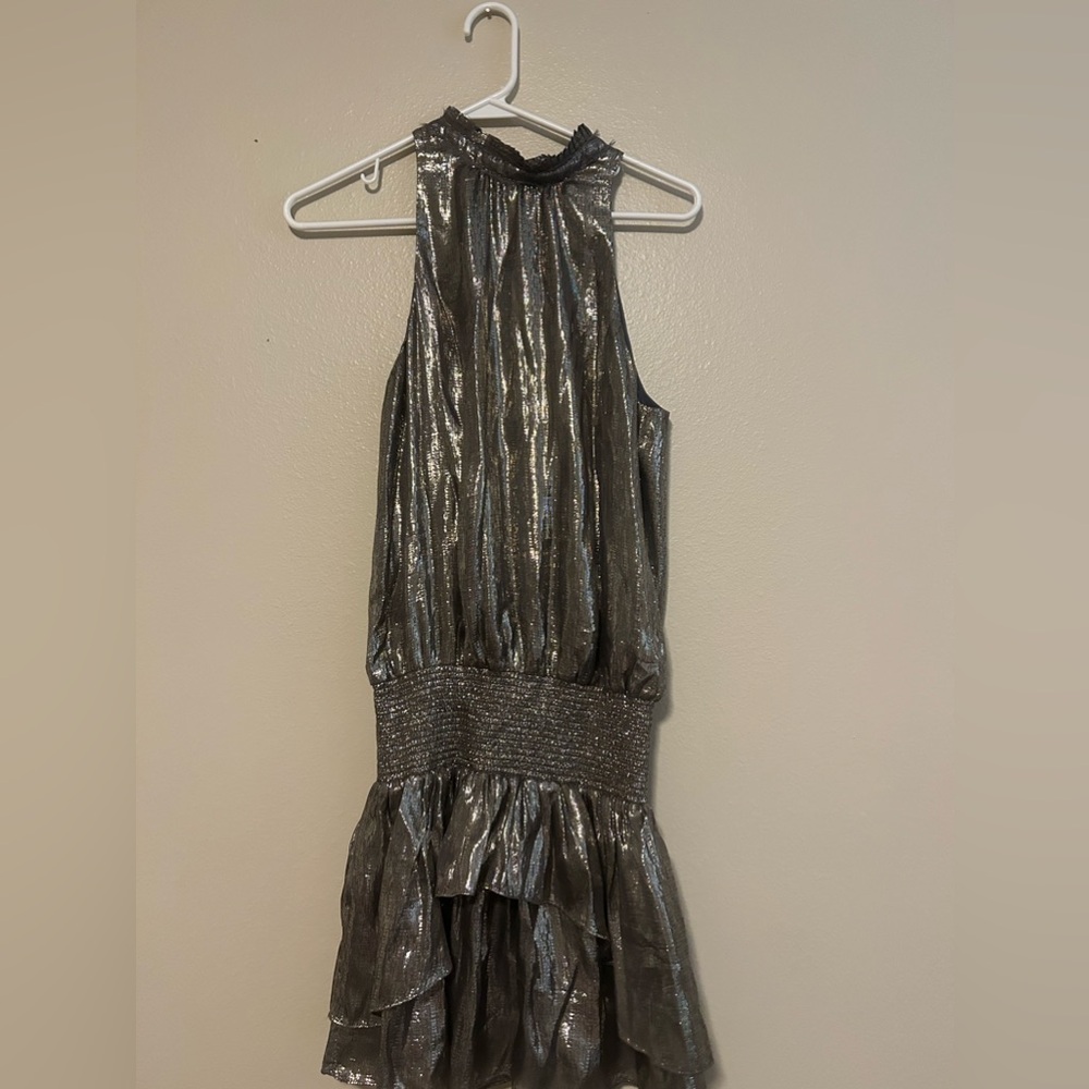 Allona Metallic High-Neck ruffle dress
